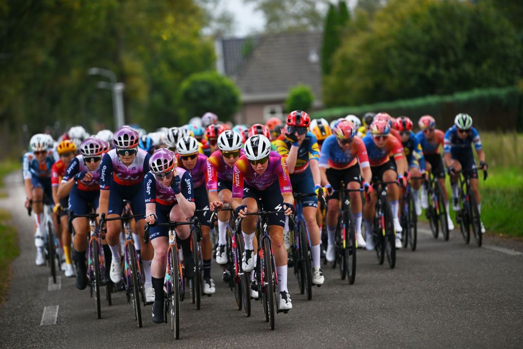 ASSEN NETHERLANDS OCTOBER 09 LR Alexandra Manly of Australia and Team Liv AlUla Jayco and Femke Markus of The Netherlands and Team SD Worx Protime lead the peloton during the 26th Simac Ladies Tour 2024 Stage 2 a 1548km stage from Coevorden to Assen on October 09 2024 in Assen Netherlands Photo by Luc ClaessenGetty Images