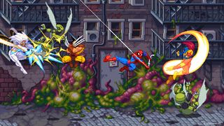 Storm, Wolverine, Nova, and Spoider-Man fight bug enemies on the streets in Marvel Cosmic Invasion