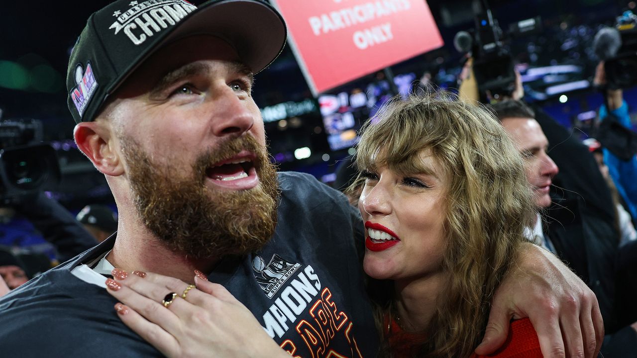 Travis Kelce and Taylor Swift celebrate the Kansas City Chiefs&#039; win in the AFC Championship Game at M&amp;T Bank Stadium on January 28, 2024.