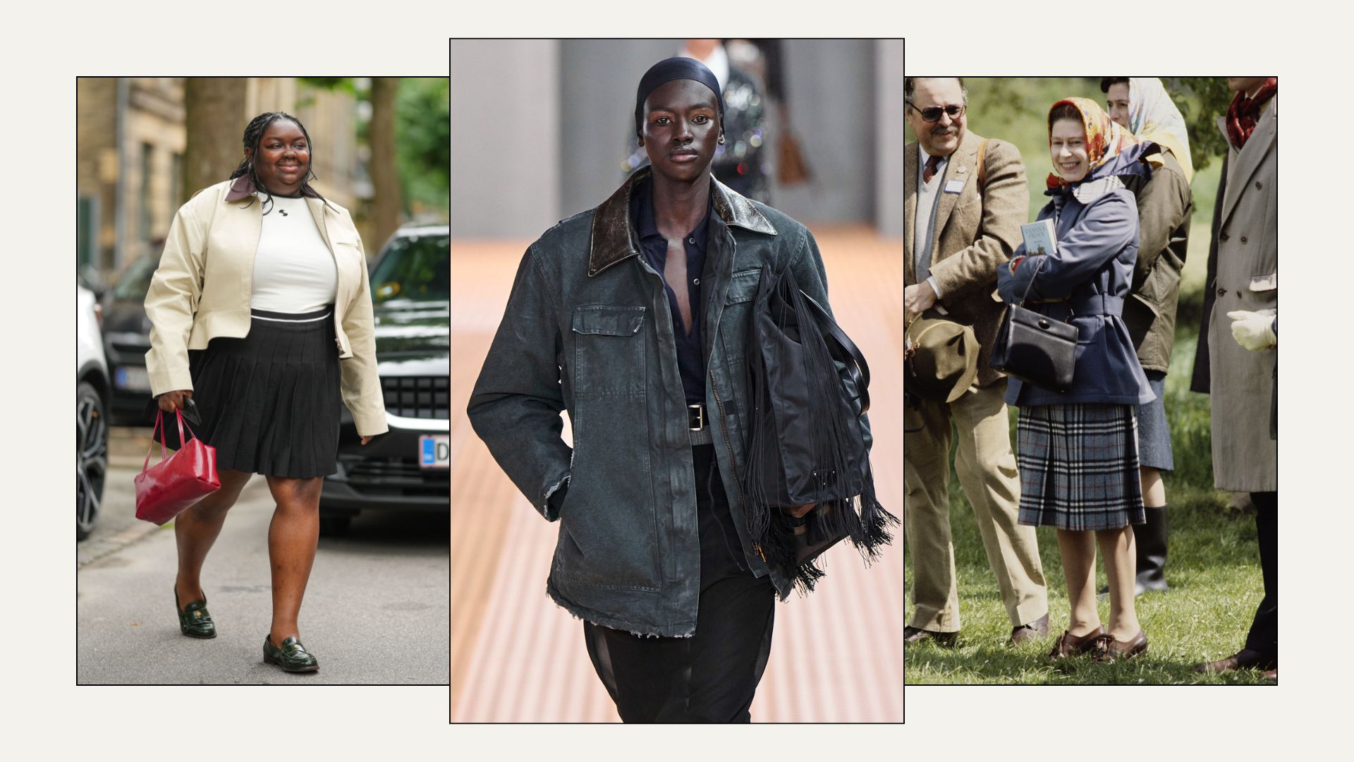 An image of the country jacket trend, as seen on Queen Elizabeth II, Prada and Abi Marvel.