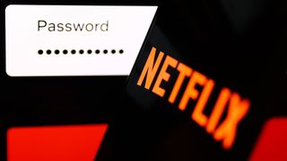 (R to L) The Netflix logo on a phone in front of a password field on a screen.
