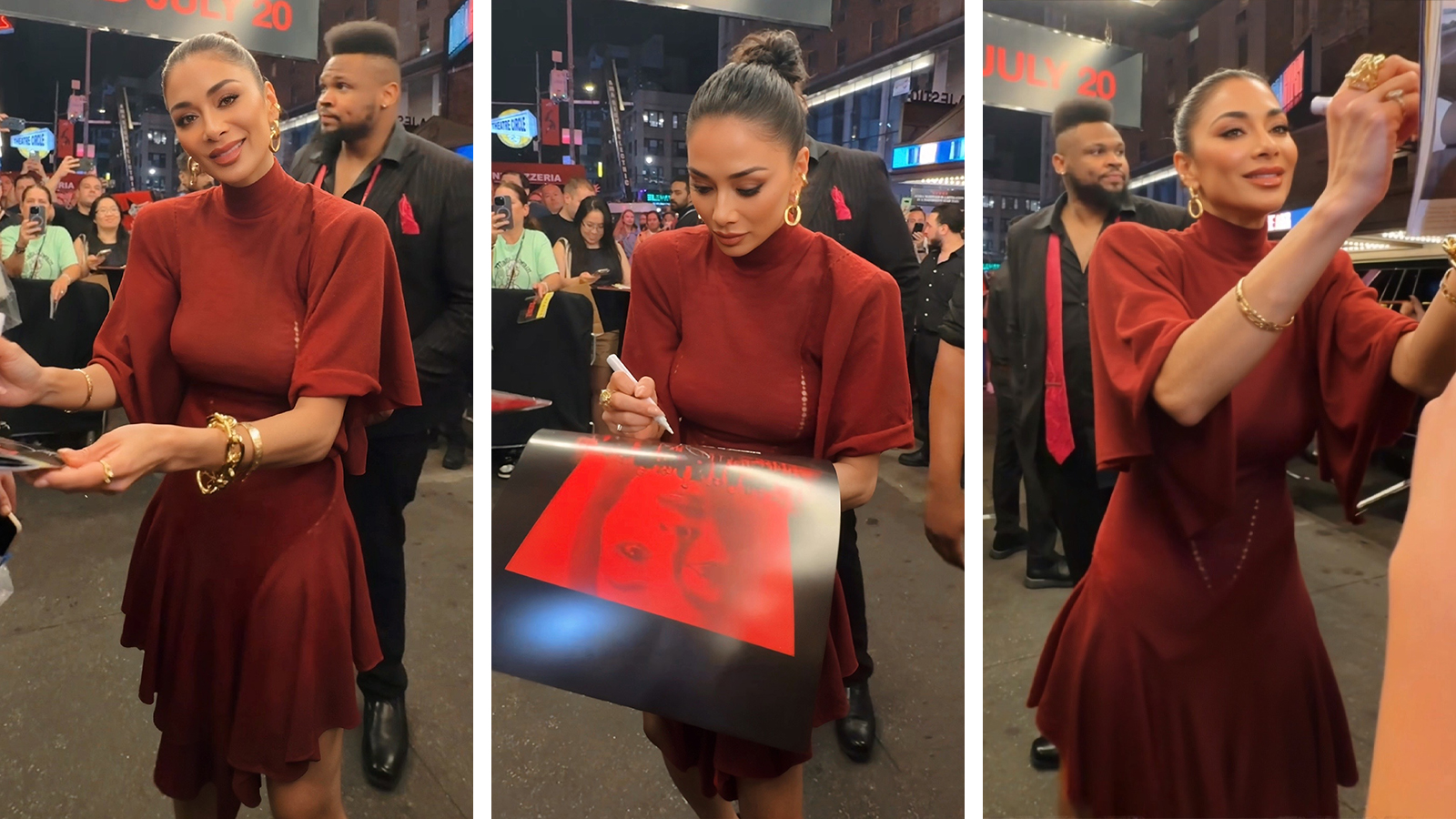 Nicoe Scherzinger signing autographs in NYC wearing a red dress