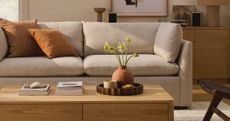 A modern, cream sofa with orange cushions, alongside a wooden coffee table, all from AllModern.