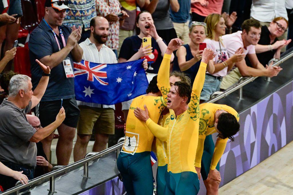 Australia&#039;s Oliver Bleddyn, Sam Welsford, Conor Leahy and Kelland O&#039;brien celebrate winning the men&#039;s Team Pursuit gold at the Paris 2024 Olympic Games