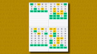 Quordle daily sequence answers for game 877 on a yellow background