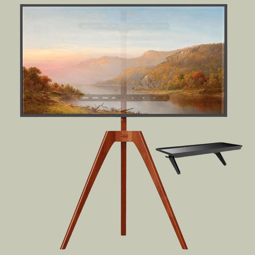 PUTORSEN, Putorsen Easel Tv Stand Tripod for Universal Tv 45-65 Inch, Solid Beech Wood Tv Floor Mount Stand With Media Shelf, Height Adjustable and 45 Degree Swivel, Max Vesa 400x400mm and Load 88lbs