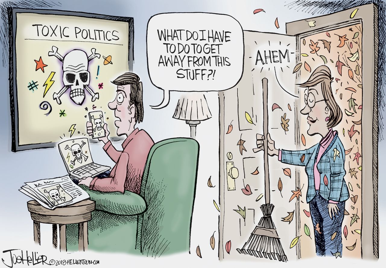 Political cartoon U.S. toxic politics fall leaves raking distraction