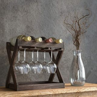 Gracie Oaks Selman 4 Bottle Solid Wood Tabletop Wine Bottle & Glass Rack in Torched Brown & Reviews | Wayfair