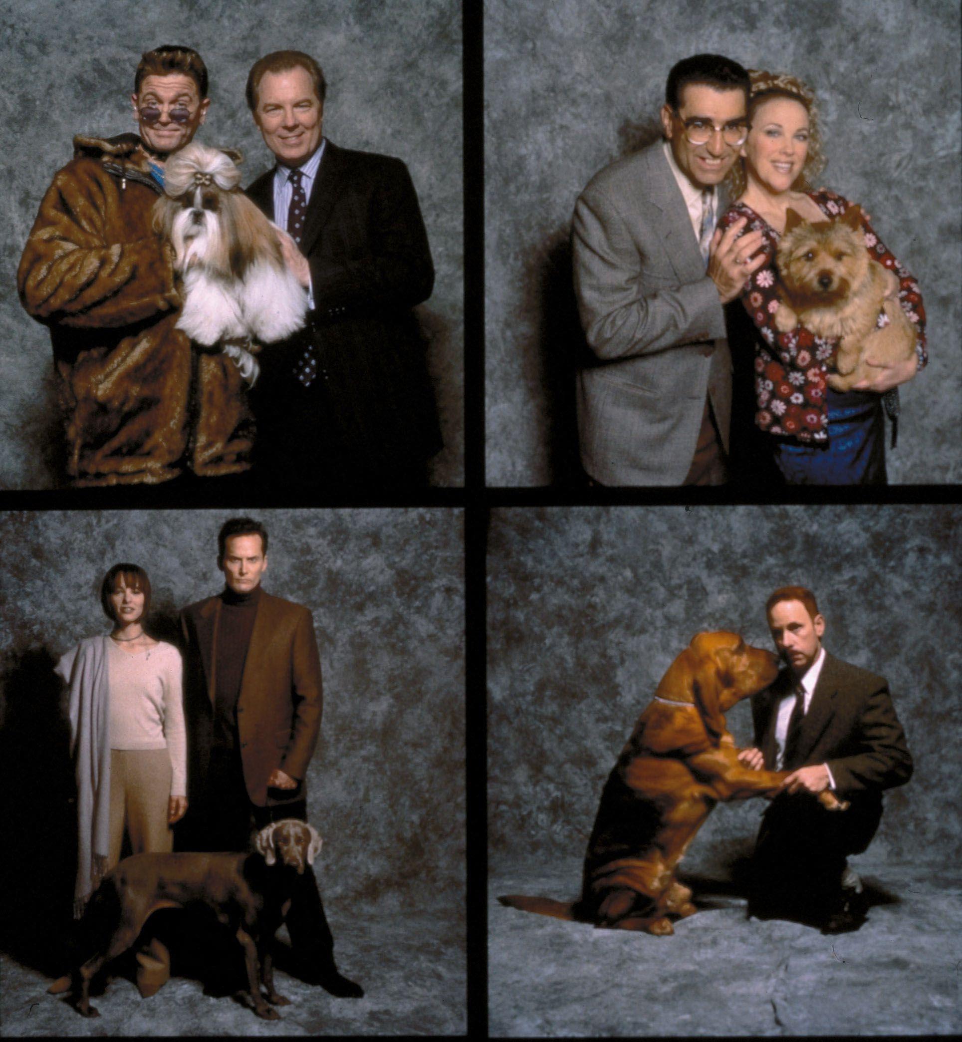 A grid of four studio portraits shows different dog-owning couples: a flamboyantly dressed man with a small long-haired show dog, a cheerful couple holding a terrier, a stylish young couple standing behind their Weimaraner, and a man kneeling as his large Bloodhound leans affectionately against him.