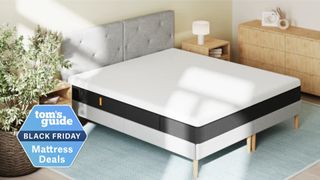 The Emma Hybrid 10&quot; cooling mattress on a bed frame in a spacious bedroom