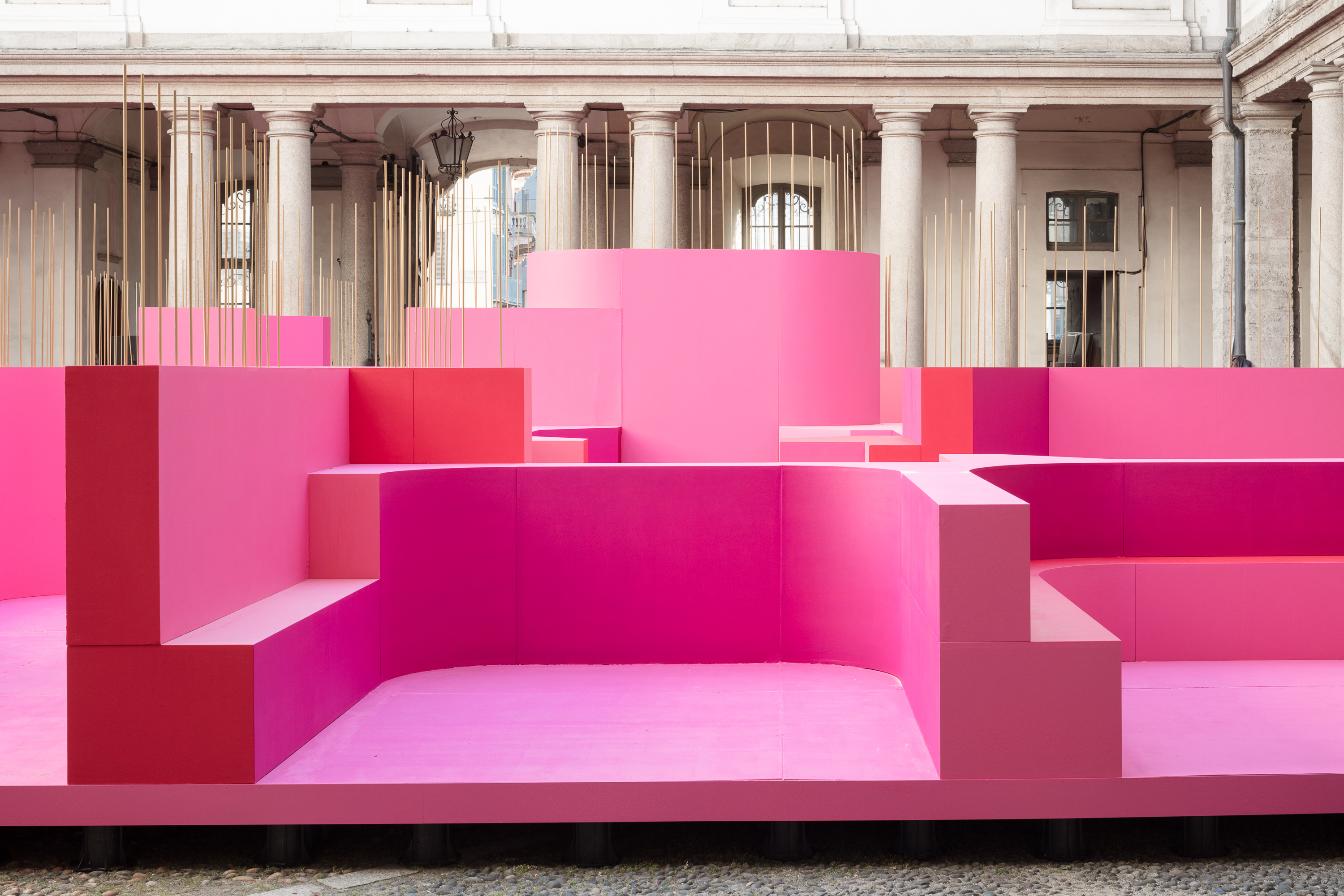 Pink maze in a Milan palazzo courtyard, &amp;lsquo;Metamorphosis in Motion&amp;rsquo; installation by Lina Ghotmeh, Milan Design Week 2026