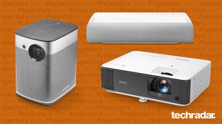 XGIMI, Samsung and Optoma, some of the best 4K projectors, against orange background