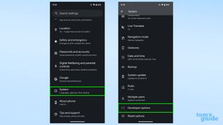 Screenshots showing where to find Developer options in Android 14