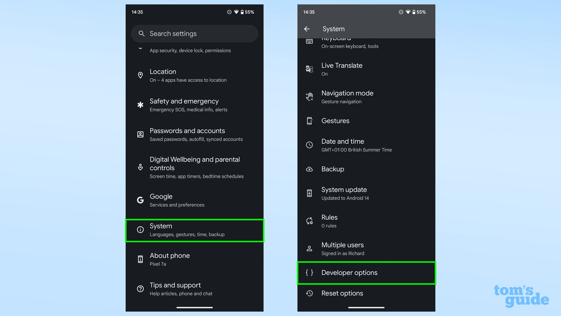 لقطات شاشة توضح مكان العثور على خيارات المطور في Android 14