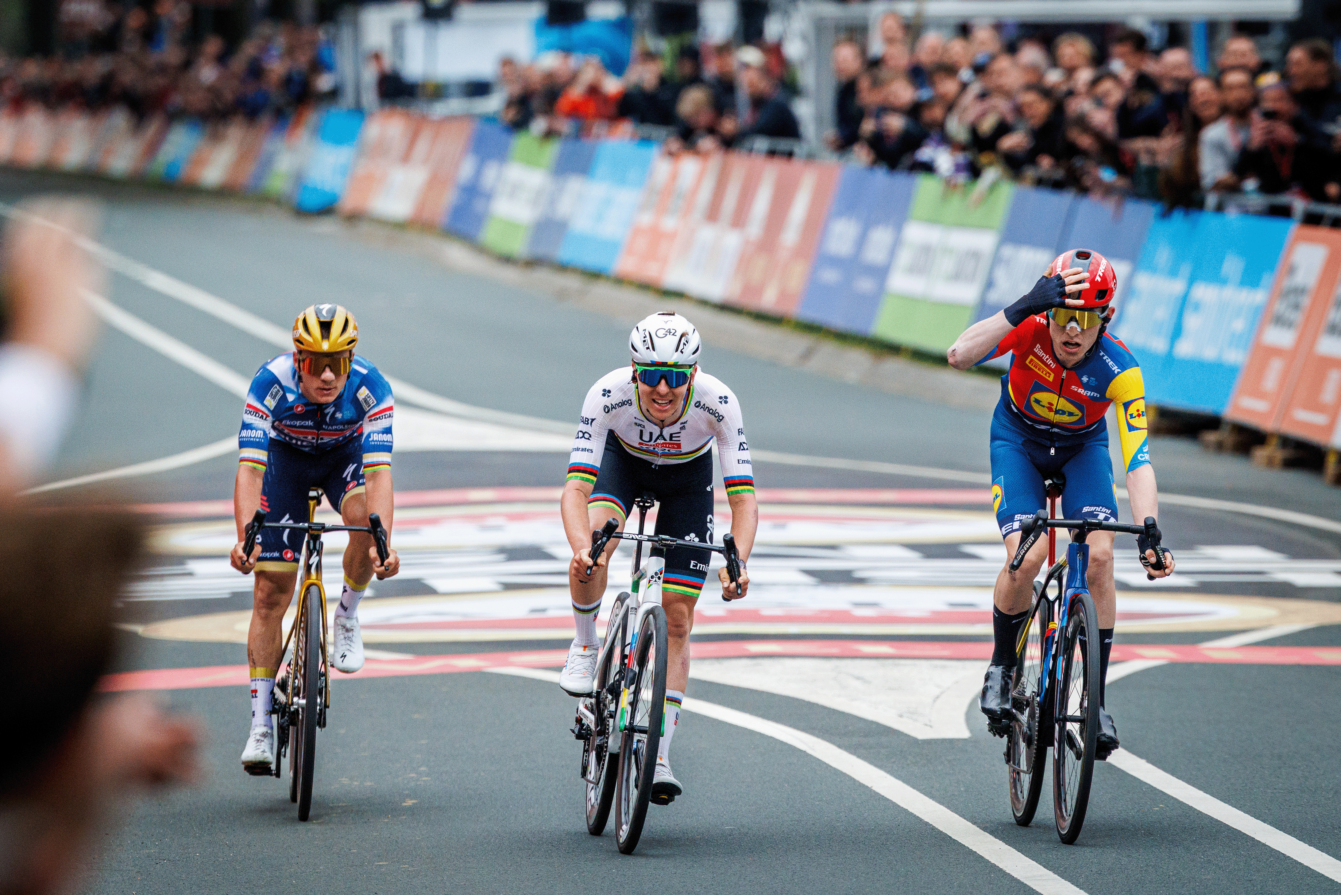 Remco Evenepoel (3rd), Tadej Pogacar (mid, 2nd), and Mattias Skjelmose (1st) (L-R) participate in the Amstel Gold Race from Maastricht to Valkenburg in Berg en Terblijt, Netherlands, on April 20, 2025. (Photo by Jules van Iperen / EYE4images/NurPhoto via Getty Images)