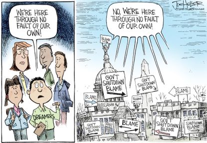Political cartoon U.S. government shutdown blame DACA Dreamers