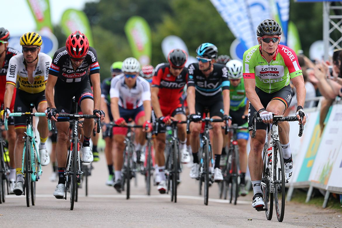 Andre Greipel (Lotto Soudal) leads the peloton home behind the breakaway