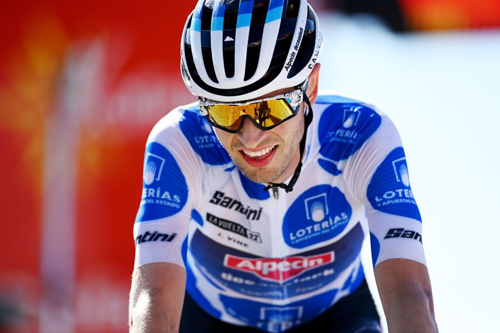 SIERRA NEVADAGRANADA SPAIN SEPTEMBER 04 Jay Vine of Australia and Team AlpecinDeceuninck Polka dot mountain jersey crosses the finishing line during the 77th Tour of Spain 2022 Stage 15 a 1526km stage from Martos to Sierra Nevada Granada 2507m LaVuelta22 WorldTour on September 04 2022 in Sierra Nevada Spain Photo by Tim de WaeleGetty Images