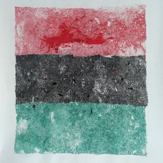 Painting in three horizontal stripes. From top: red, black, aqua