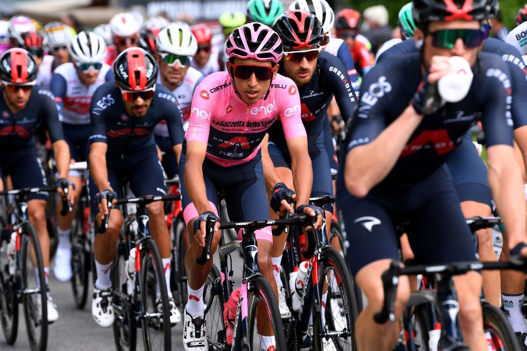 FOLIGNO ITALY MAY 17 Egan Arley Bernal Gomez of Colombia and Team INEOS Grenadiers Pink Leader Jersey Gianni Moscon of Italy and Team INEOS Grenadiers during the 104th Giro dItalia 2021 Stage 10 a 139km stage from LAquila to Foligno girodiitalia Giro on May 17 2021 in Foligno Italy Photo by Tim de WaeleGetty Images