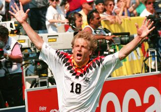 Jürgen Klinsmann celebrates after scoring for Germany against Bolivia at the 1994 World Cup.