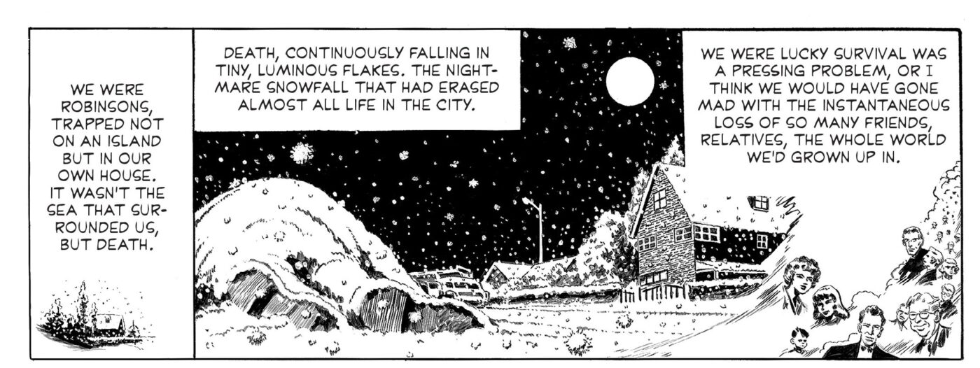 A black-and-white newspaper comic strip