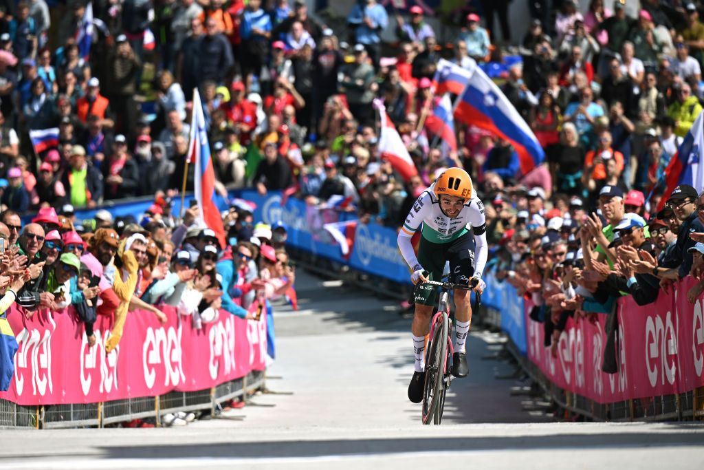 MONTE LUSSARI ITALY MAY 27 Ben Healy of Ireland and Team EF EducationEasyPost crosses the finish line during the 106th Giro dItalia 2023 Stage 20 a 186km individual climbing time trial stage from Tarvisio 750m to Monte Lussari 1744m UCIWT on May 27 2023 in Monte Lussari Italy Photo by Stuart FranklinGetty Images