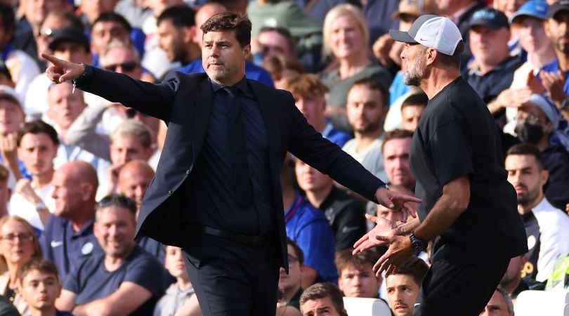 Mauricio Pochettino and Jurgen Klopp during Chelsea&#039;s Premier League game against Liverpool at Stamford Bridge in August 2023.