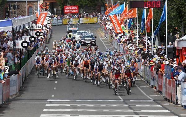 RadioShack leads the bunch on the front straight.