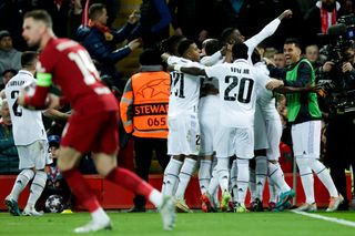 Real Madrid players celebrate during their 5-2 victory over Liverpool