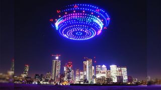 550 drones form UFOs, planets and phones in the sky above London, at the Samsung Galaxy S24 launch event