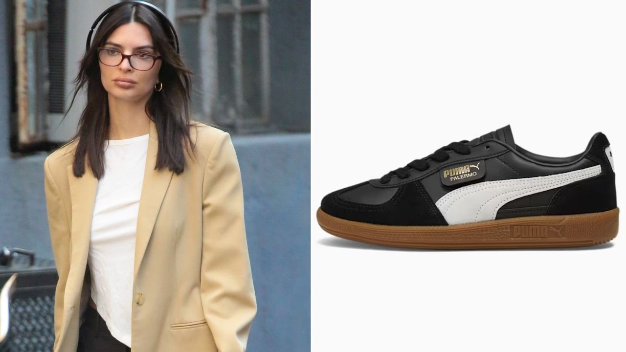 A composite image of Emily Ratajkowski and a Puma sneaker