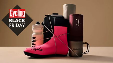 A bundle of Rapha products with the Cycling Weekly Black Friday roundal on the left of the image