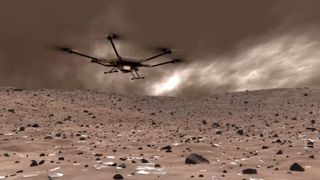 illustration of a large drone flying over a desolate, rocky surface with a cloudy sky above.