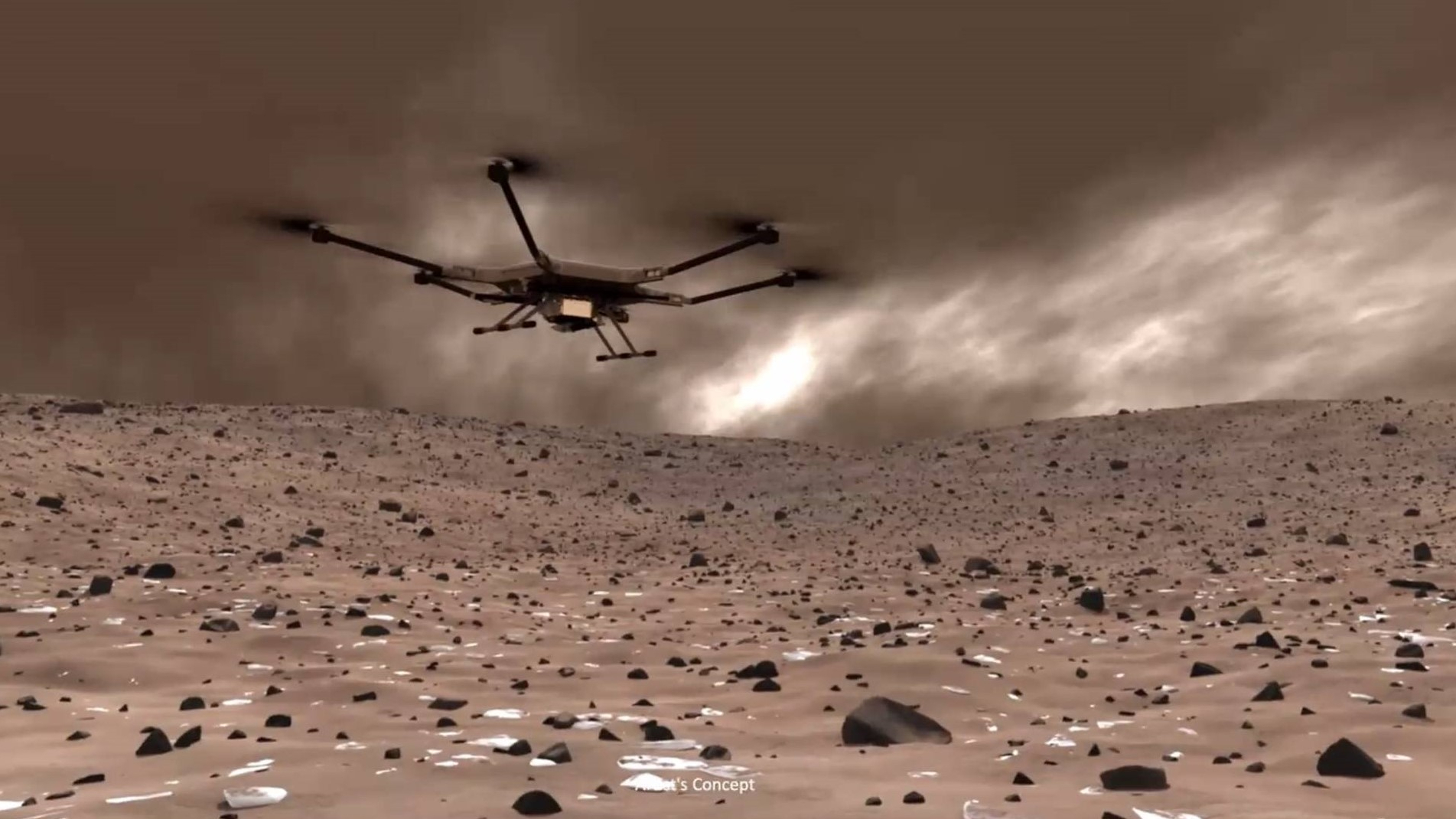 illustration of a large drone flying over a desolate, rocky surface with a cloudy sky above.