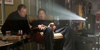 Kevin Feige with Robert Downey Jr on Iron Man 2 set