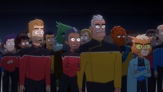 illustration showing a dozen or so cartoon characters in starfleet uniforms.