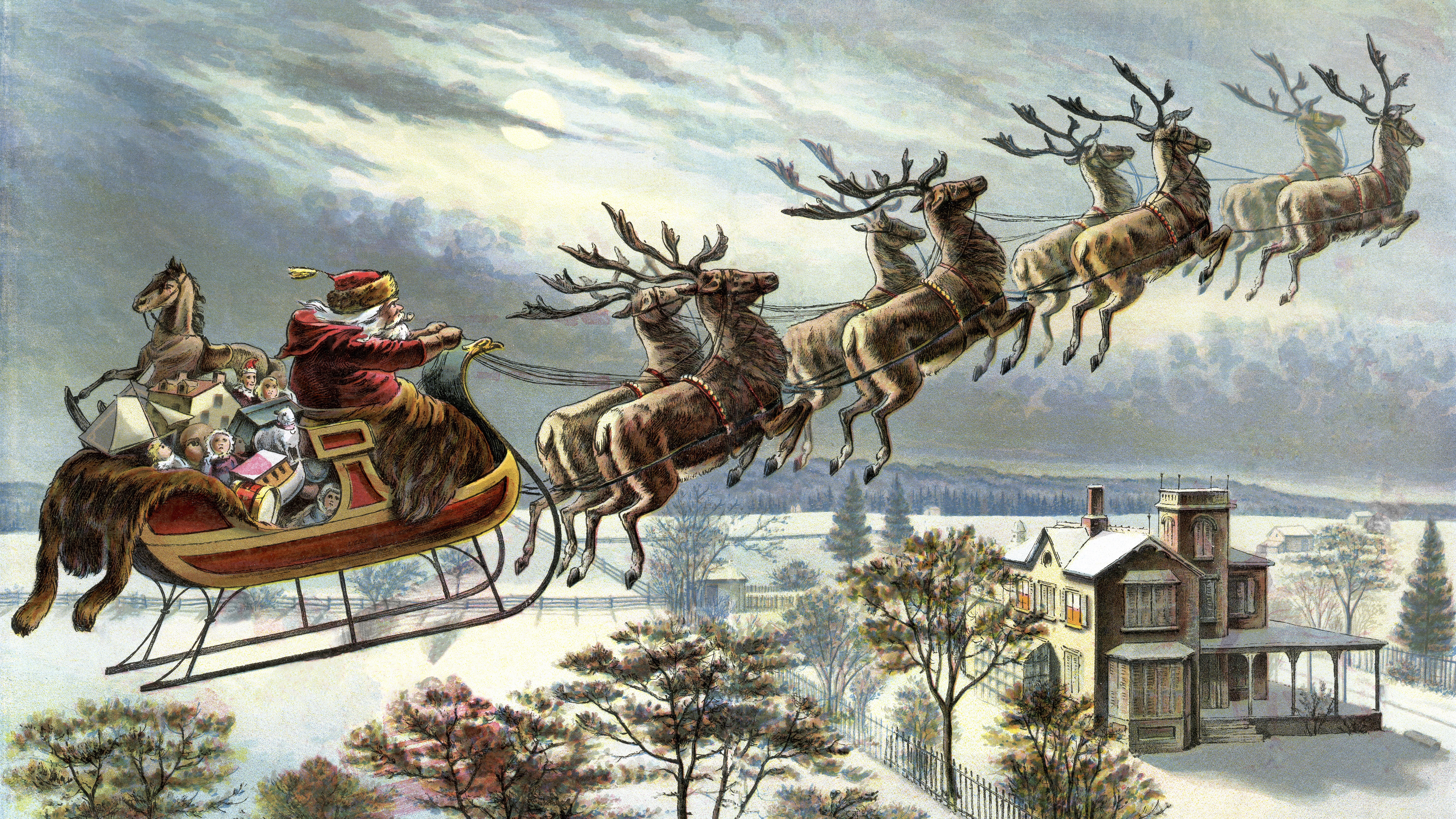 Vintage colour lithograph from 1898 showing Father Christmas and his reindeer flying through the sky