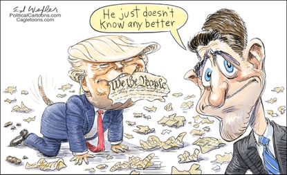 Political cartoon U.S. Trump Paul Ryan dog constitution inexperience