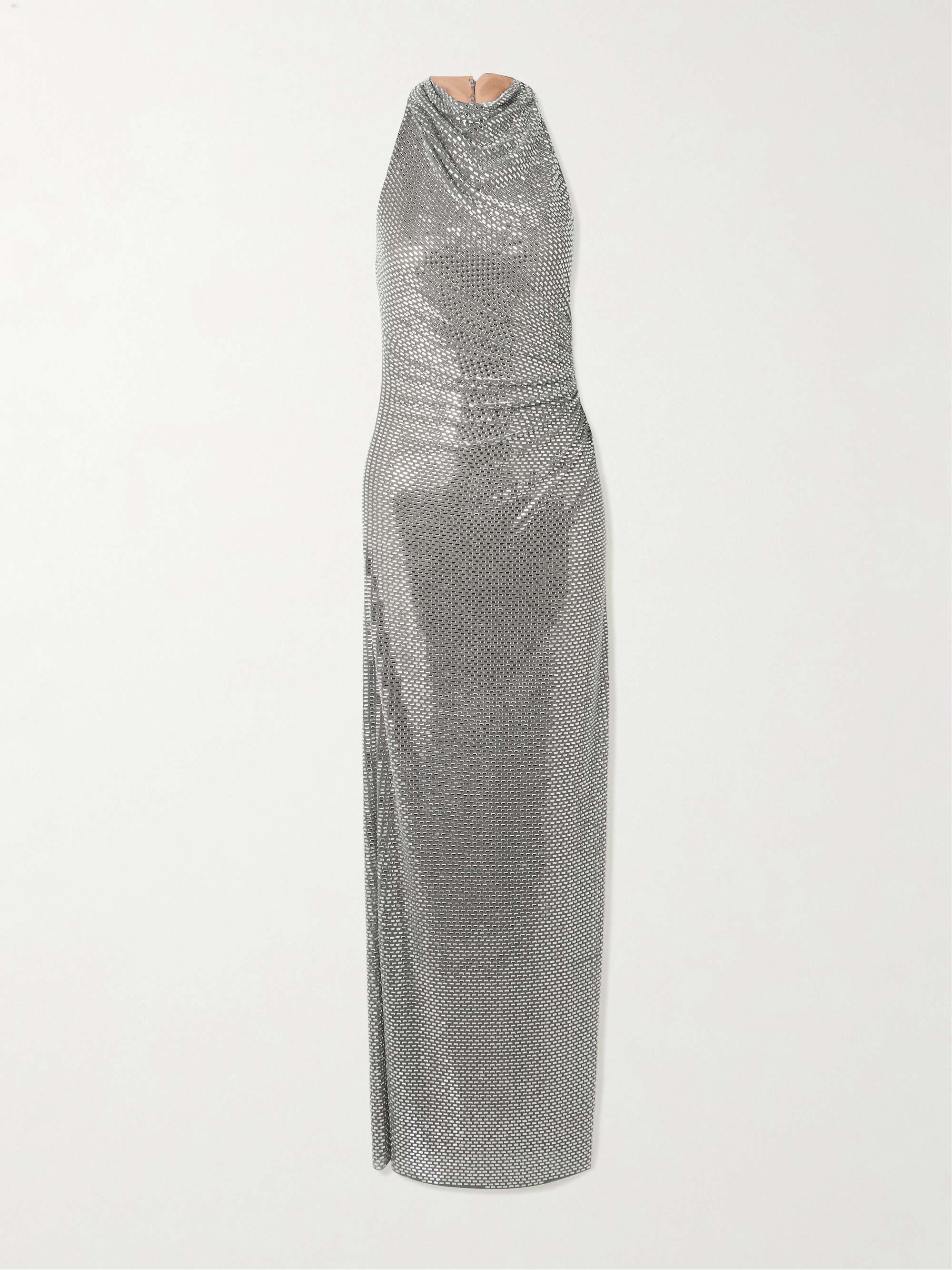 Embellished Draped Mesh Halterneck Maxi Dress