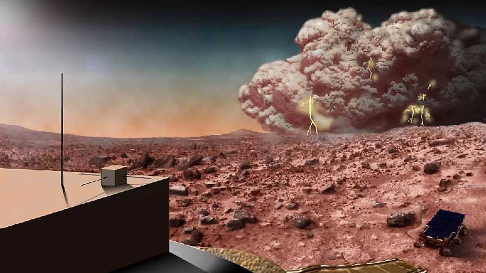 An illustration of a dust storm on Mars with lightning bolts discharging downward.
