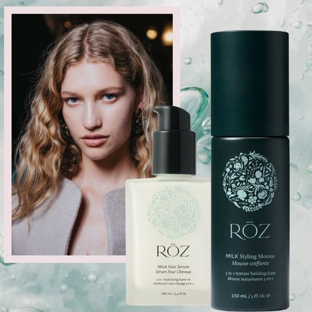 girl with air dried blonde hair on a green sudsy background next to blue roz hair products