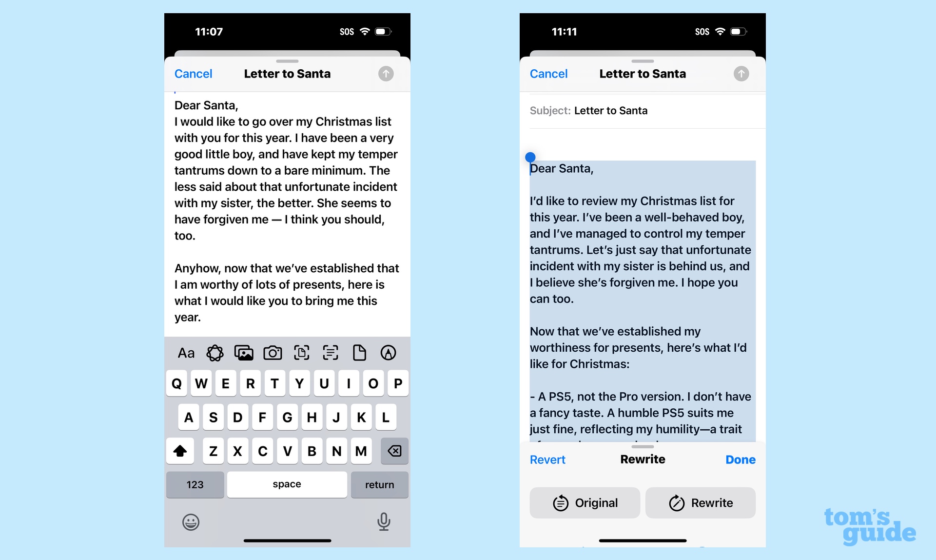 Letter to santa in iOS 18 mail next to version update with rewrite feature in Writing Tools