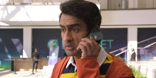 Kumail Nanjiani as Dinesh talking on phone in Silicon Valley
