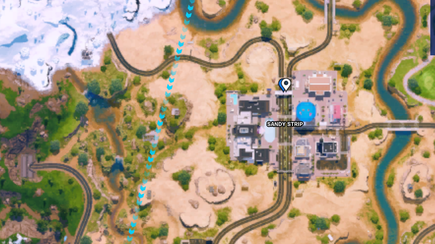 An overhead view of Fortnite's map showing the Sandy Strip.