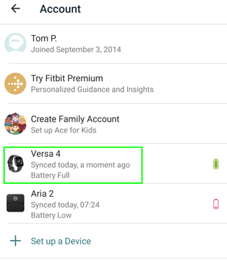 fitbit account menu with fitbit versa 4 highlighted