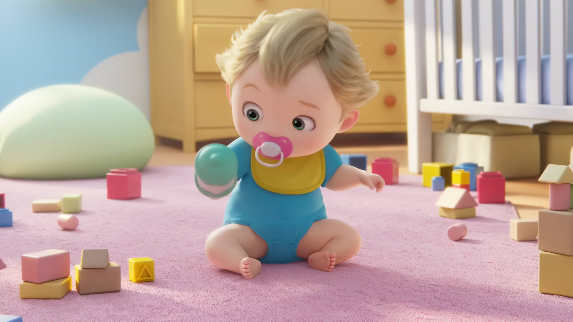 A still from an animated Nintendo video showing a baby playing with toys