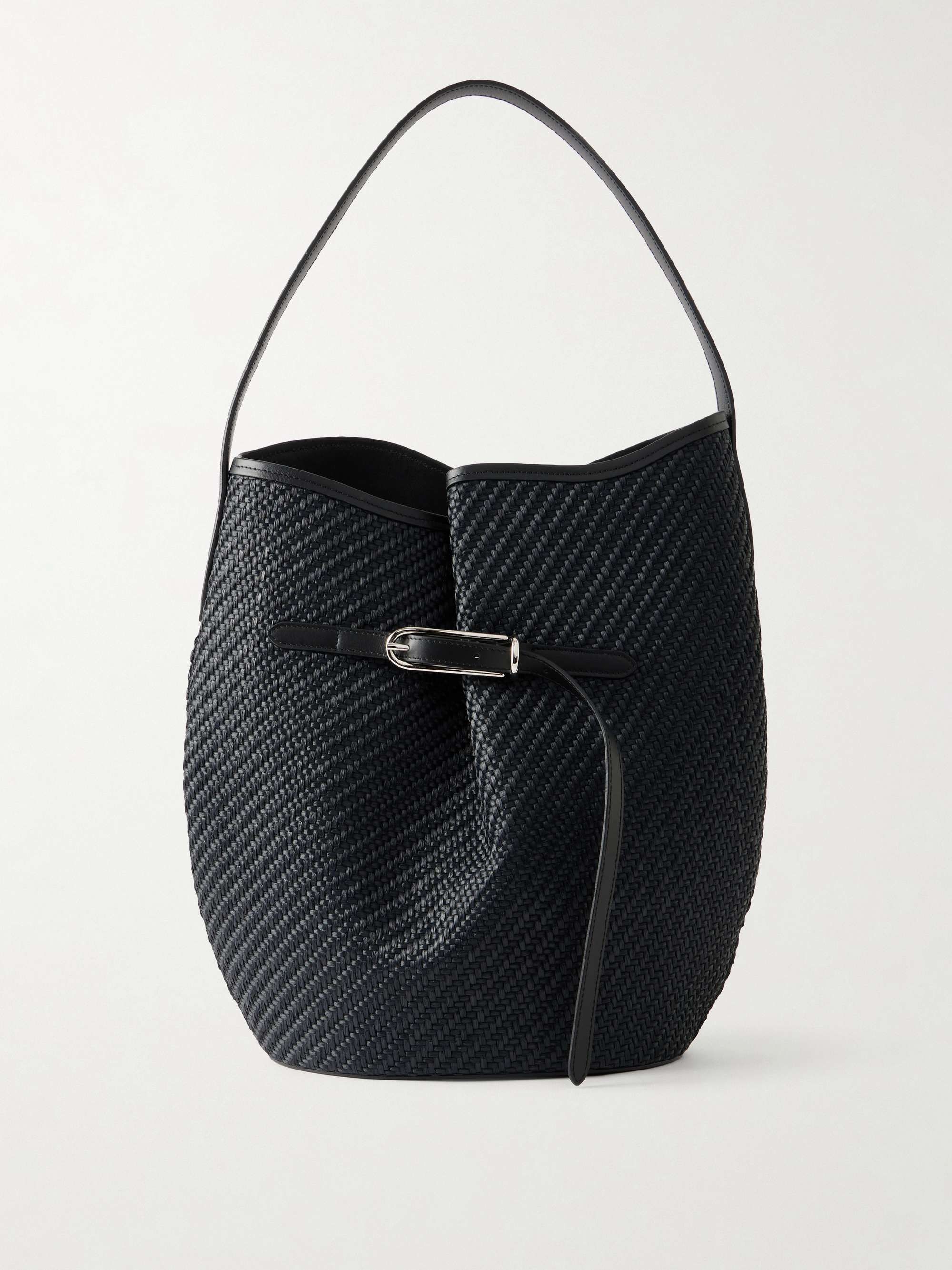 Belted Bucket Leather-Trimmed Raffia Bucket Bag