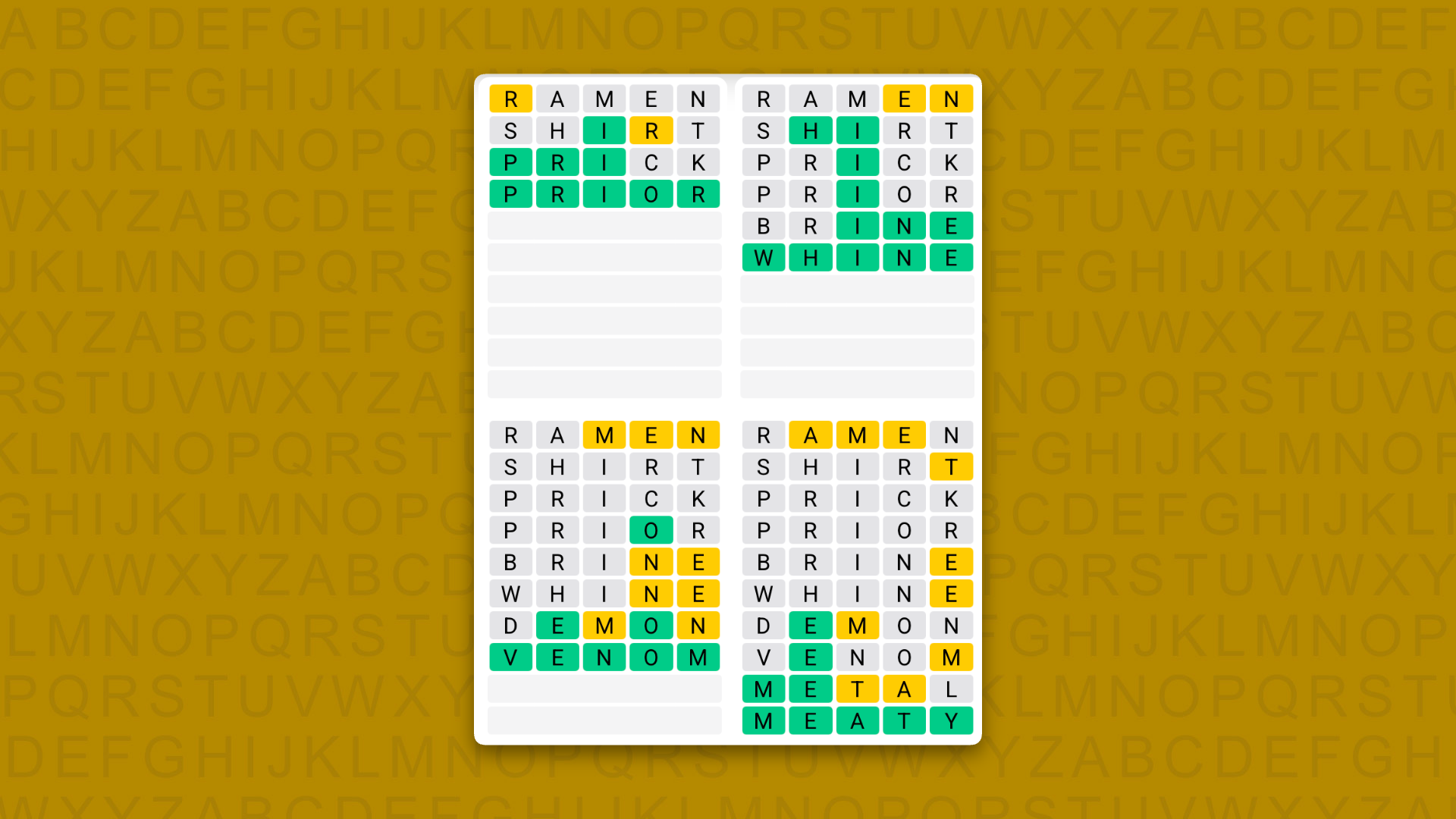 Quordle Daily Sequence answers for game 1647 on a yellow background