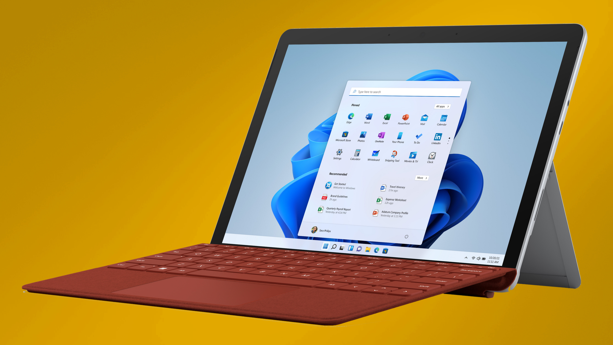 The Microsoft Surface Go 3 with a red Type Cover.